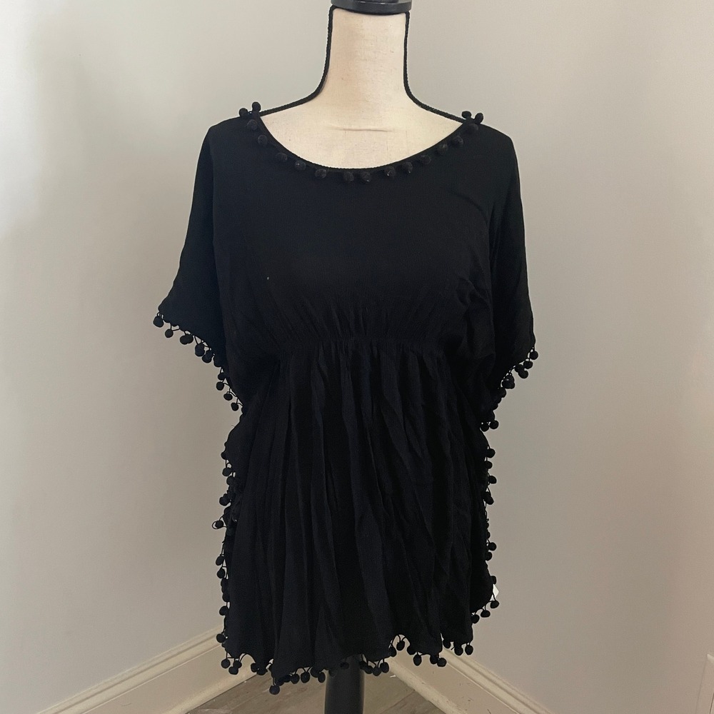 Cupshe Black Pom Pom Trim Kaftan Swim Cover Up Tunic size Large Resort Beach‎